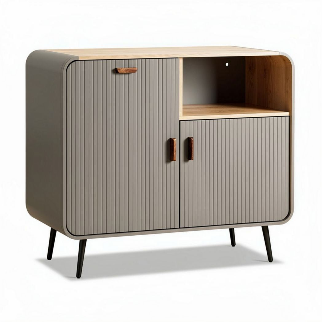Modern storage cabinet with wood accents and ribbed design 80 x 40 x 80cm