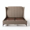 Upholstered king size bed frame with wingback headboard in taupe fabric