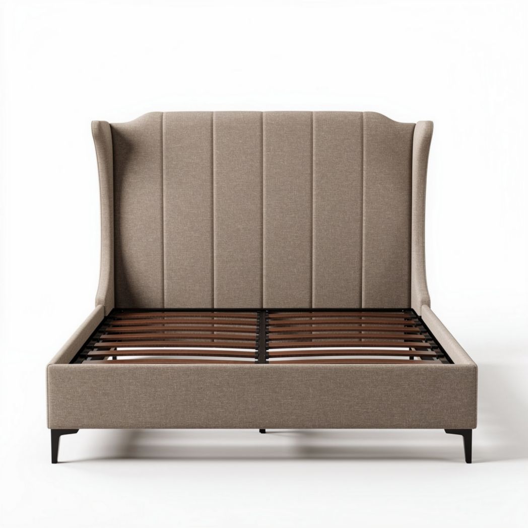 Upholstered king size bed frame with wingback headboard in taupe fabric