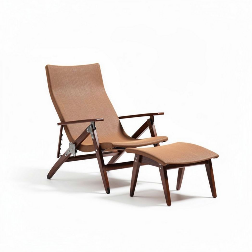 Wooden lounge chair with adjustable backrest and matching footrest in brown 80 x 70 x 100cm
