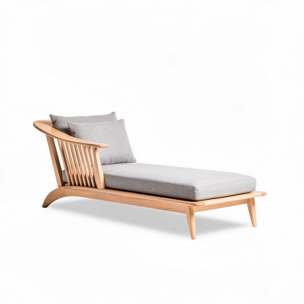 Wooden lounge chair with gray fabric cushion and removable pillow 200 x 80 x 70cm