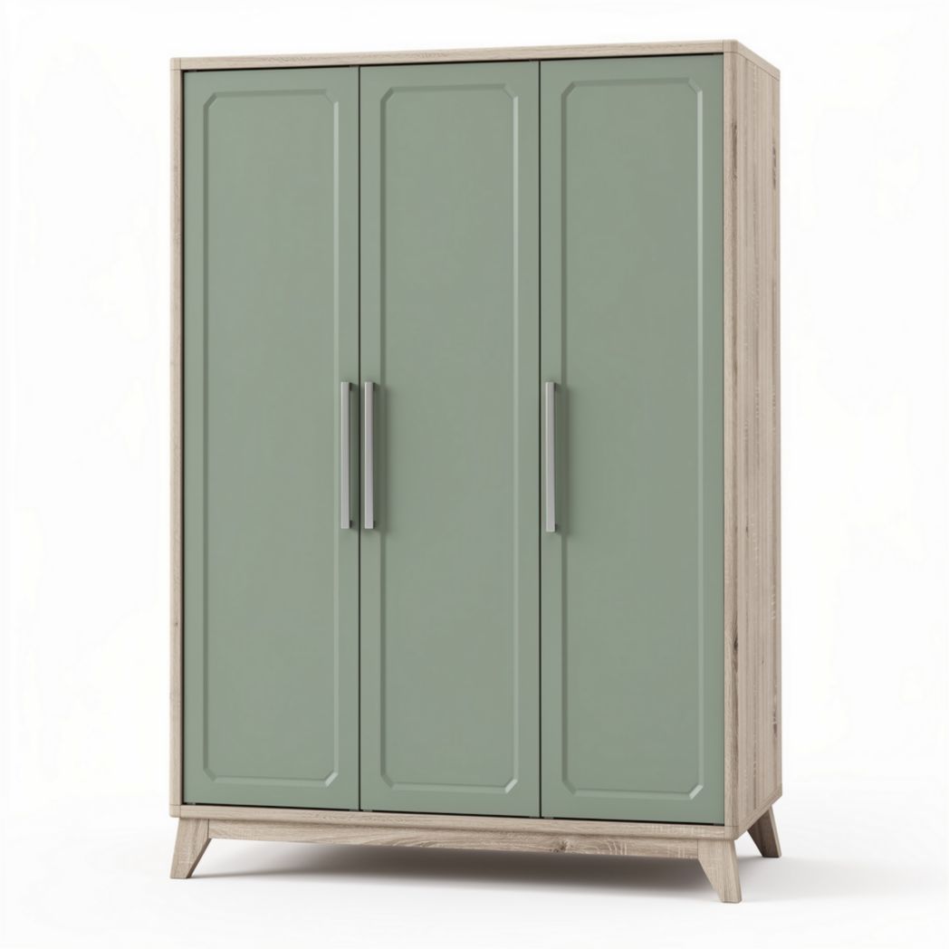 Three-door wardrobe with modern design and green doors in wood finish 150 x 90 x 40cm