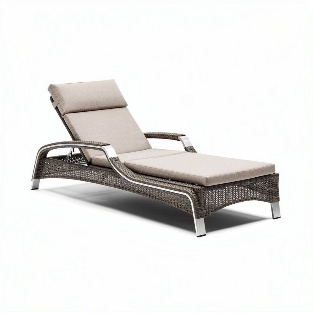 Outdoor chaise lounge chair with adjustable backrest and aluminum frame in brown wicker finish