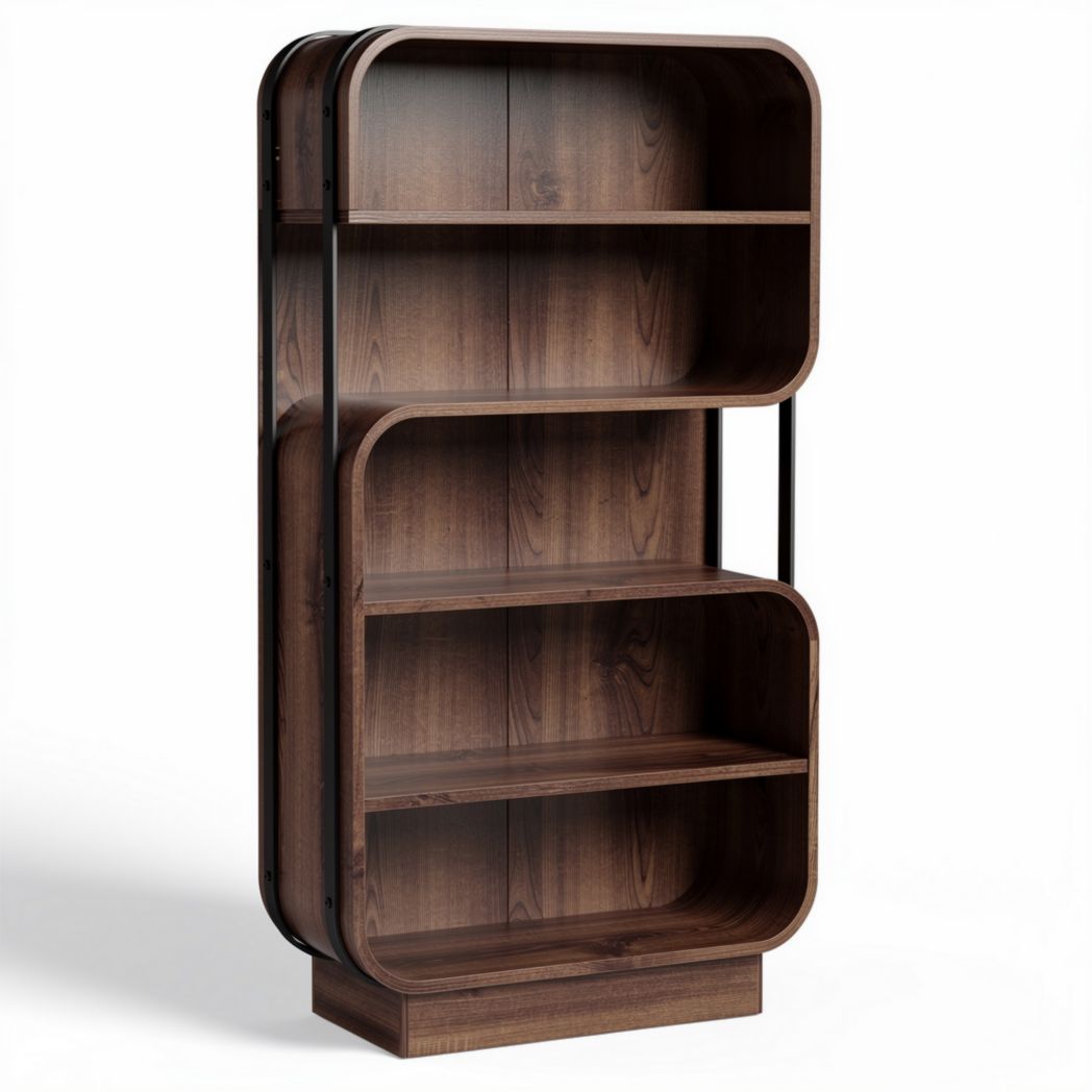 Wooden bookshelf with curved shelves and black metal frame 80 x 30 x 150cm