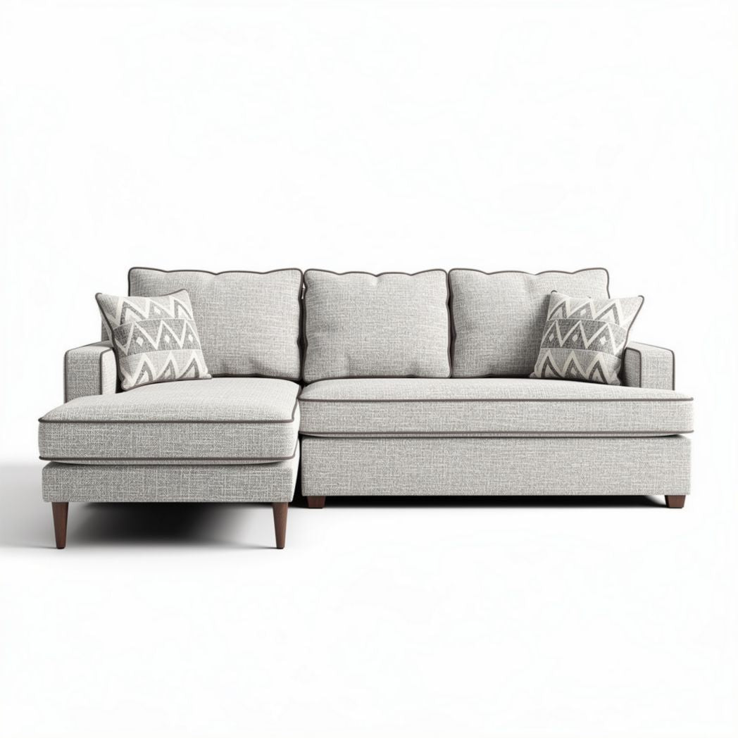 L-shaped sectional sofa in light gray fabric with removable cushions 230 x 150 x 80cm