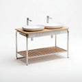 Double basin kitchen sink with black metal frame and wooden shelf 120 x 60 x 90cm