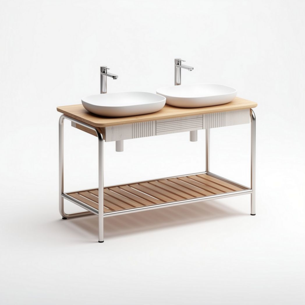 Double basin kitchen sink with black metal frame and wooden shelf 120 x 60 x 90cm