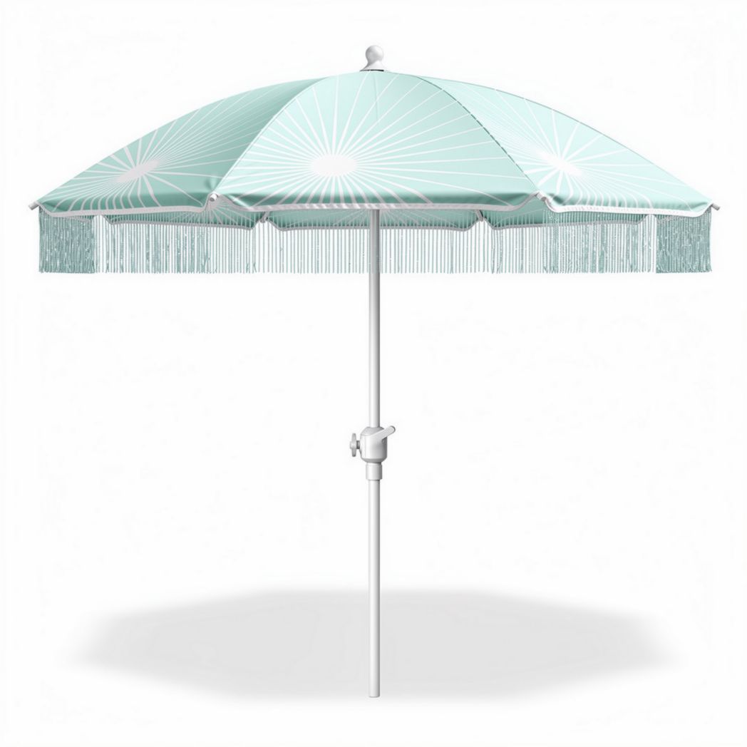 Light blue beach umbrella with fringe design 6 feet diameter adjustable pole