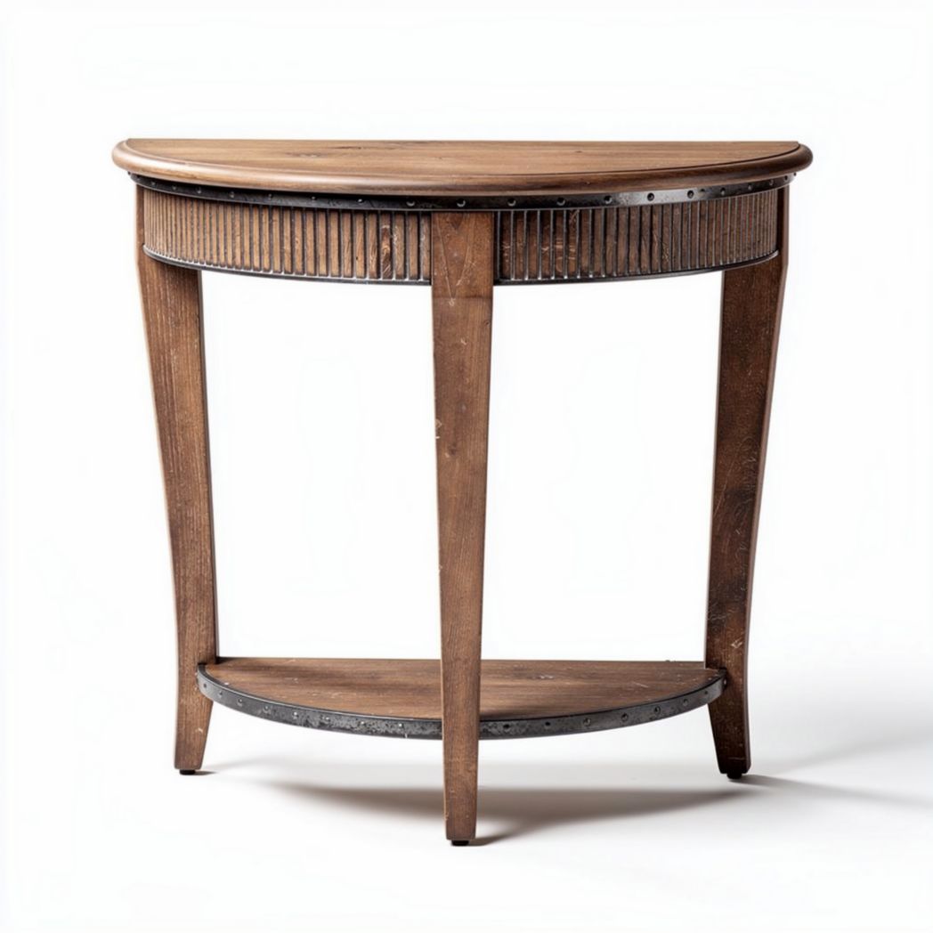 Wooden demi-lune console table with lower shelf and metal accents 90 x 40 x 75cm