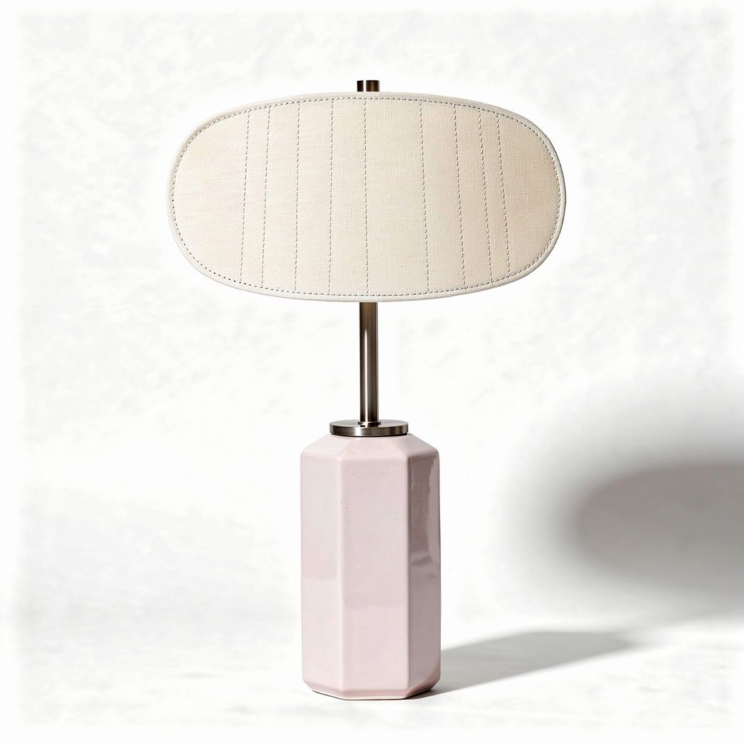 Ceramic table lamp with fabric shade in pink color 40 x 25 x 60cm