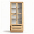 Wooden display cabinet with glass doors and two storage drawers 150 x 80 x 40cm