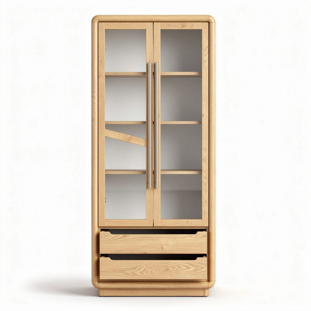 Wooden display cabinet with glass doors and two storage drawers 150 x 80 x 40cm