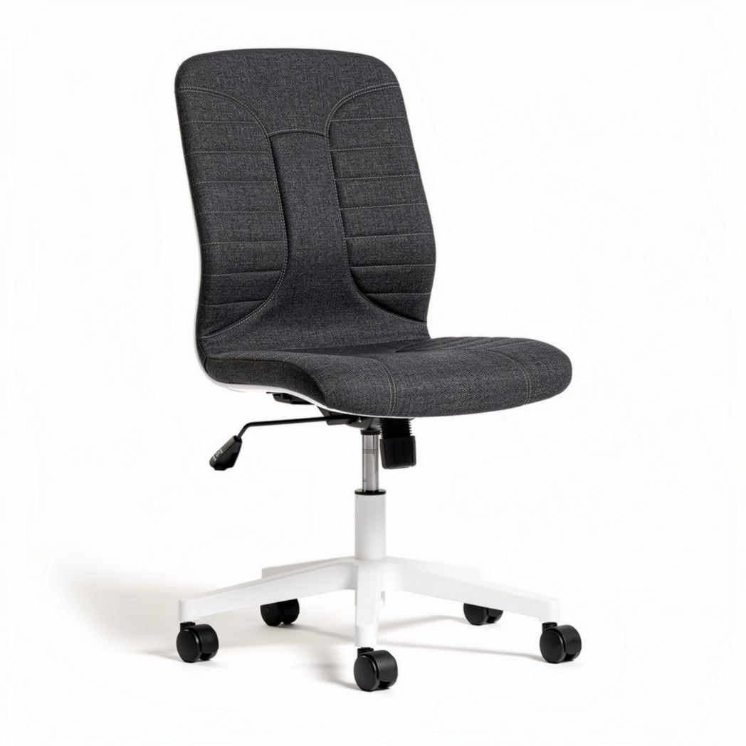 Office chair with brown faux leather upholstery and adjustable height